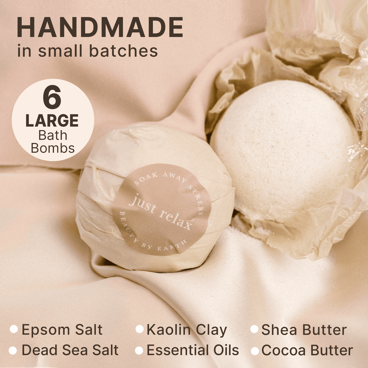 handmade in small batches, 6 large bath bombs and ingredients