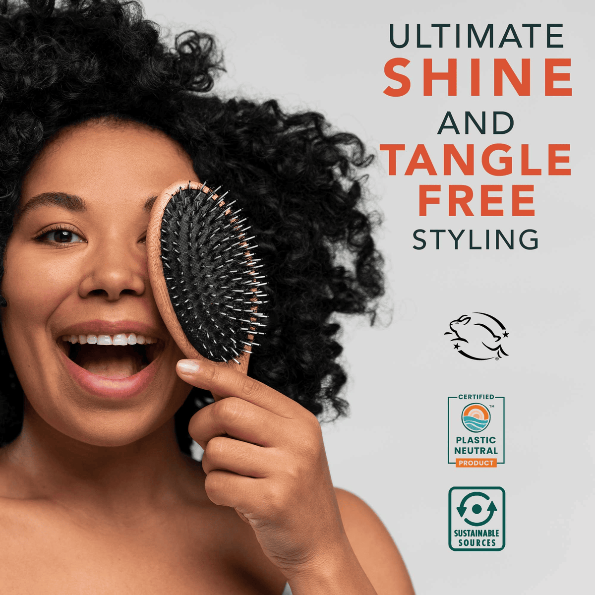 Woman holding a hairbrush with text about shine and tangle-free styling on a gray background