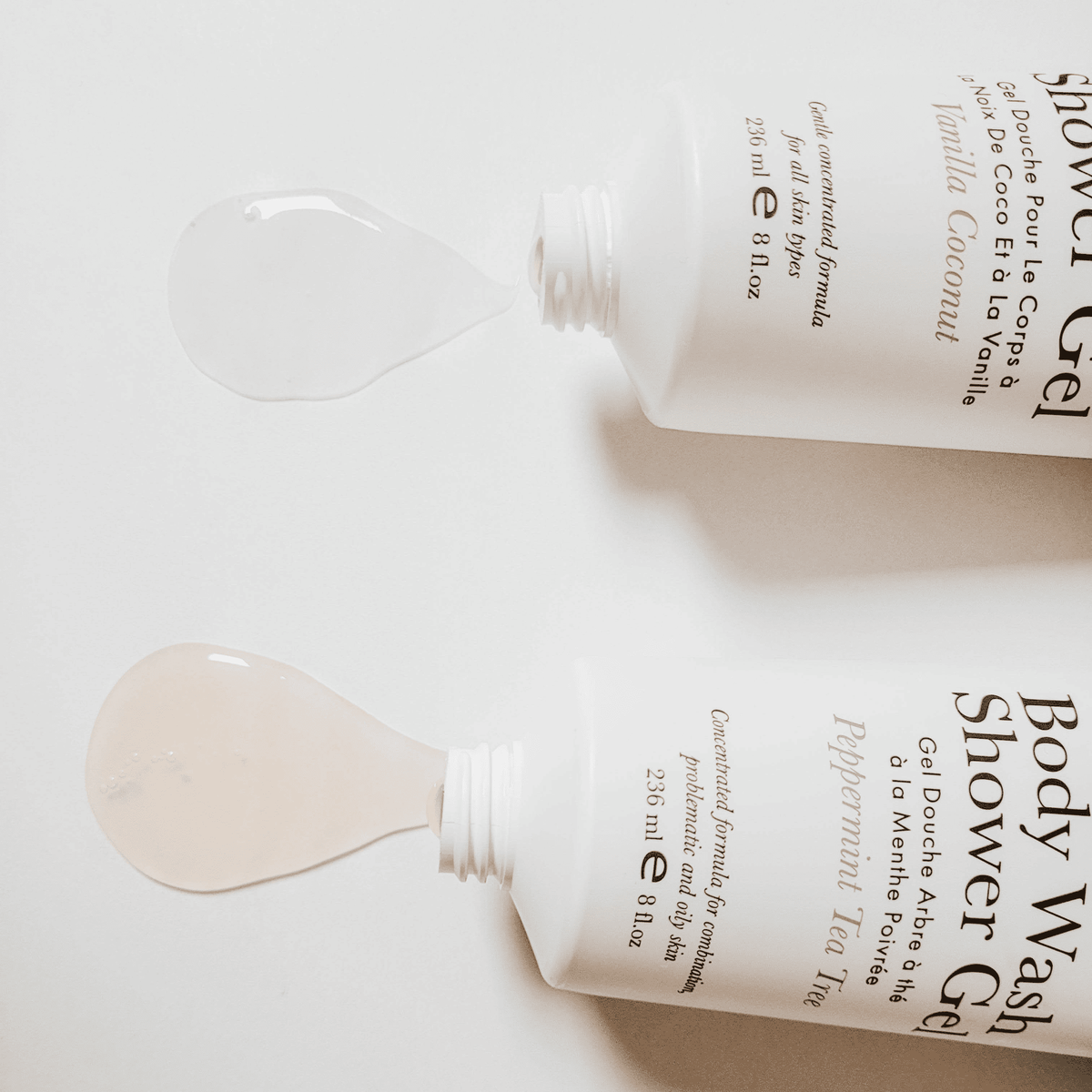Texture of body wash shower gels peppermint tea tree and vanilla coconut
