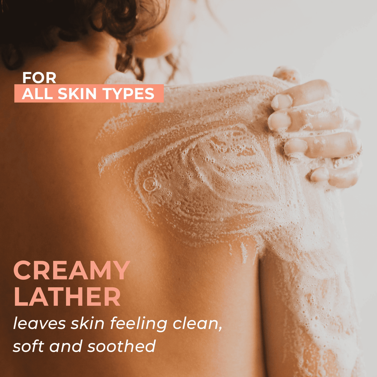 For all skin types, creamy lather leaves skin feeling clean, soft and soothed model using shower gel body wash vanilla coconut on body