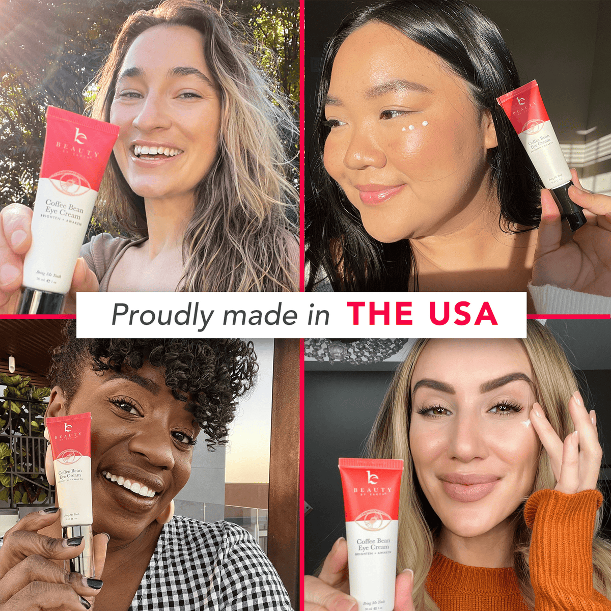 Proudly made in the USA, UGC content holding coffee bean eye cream in hand next to face