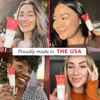 Proudly made in the USA, UGC content holding coffee bean eye cream in hand next to face