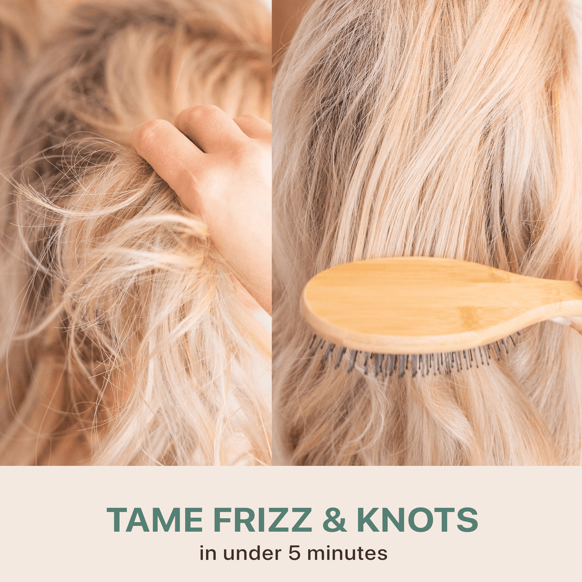 Close-up of blonde hair with frizz and knots, being smoothed by a wooden comb.