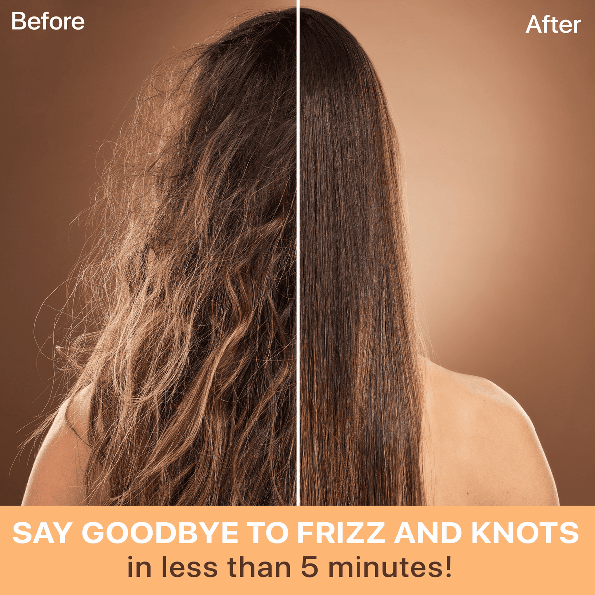 Before and after comparison of hair with frizz and knots on a brown background.