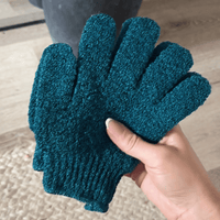 Exfoliating gloves in model hand