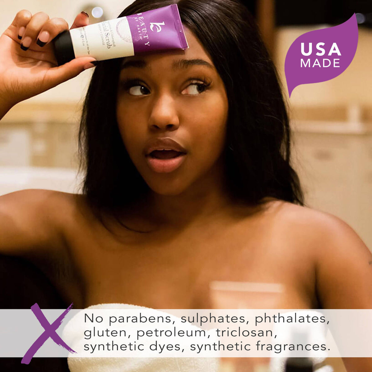 Woman applying a skincare product with 'USA Made' label and ingredient list.