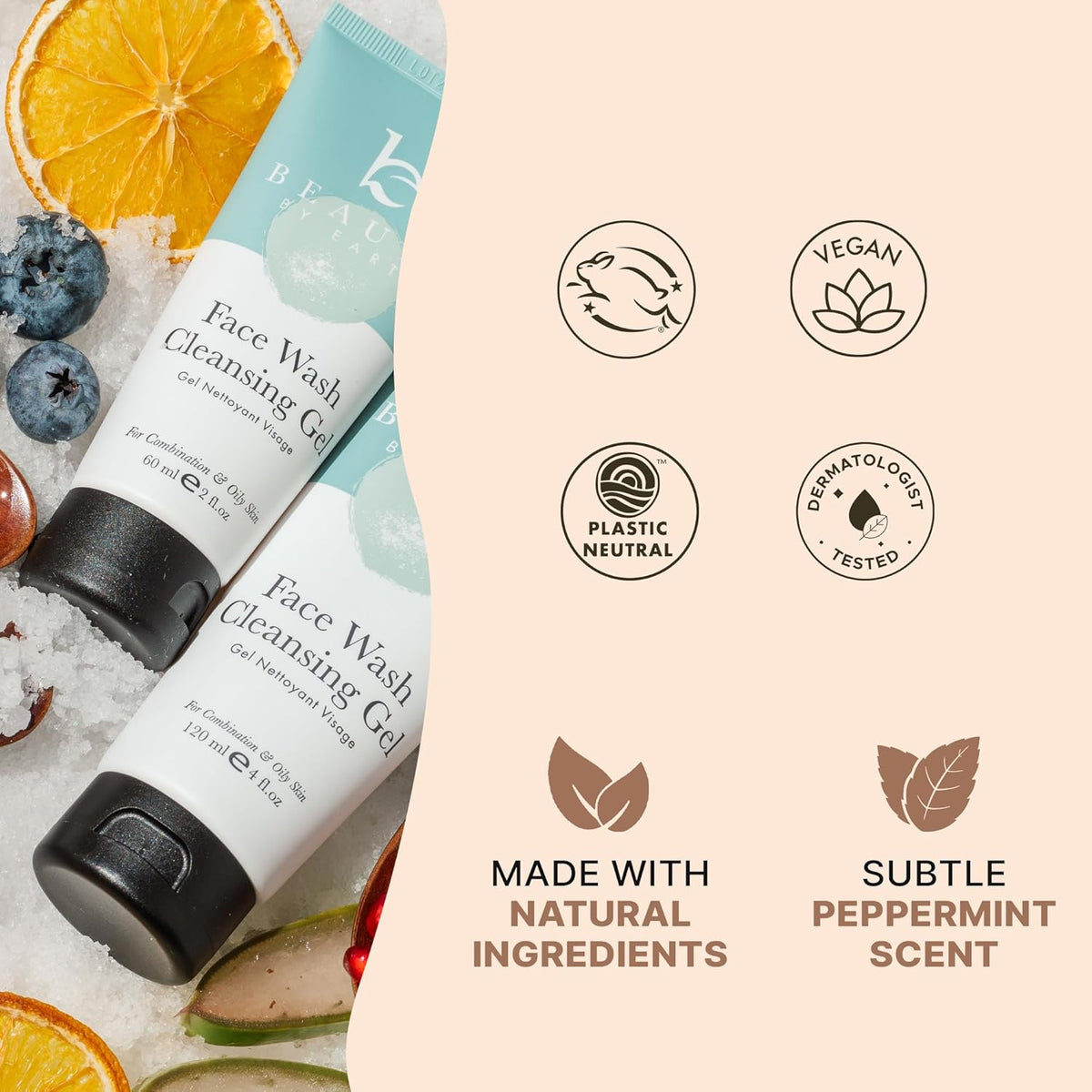 Cruelty free, vegan, plastic neutral. dermatologist tested, made with natural ingredients, subtle peppermint scent.