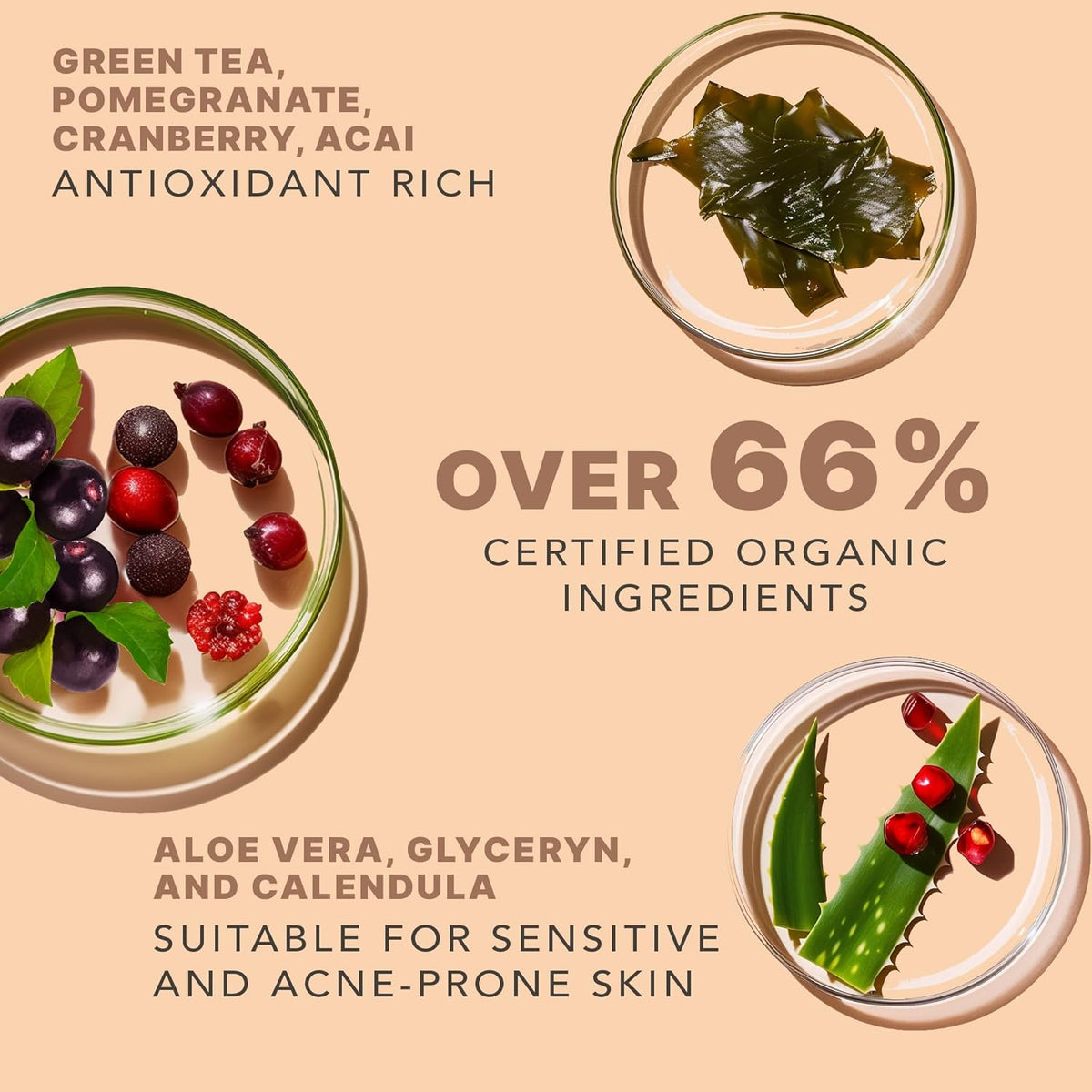 Green tea, pomegranate, cranberry, acai, antioxidant rich. Over 66% certified organic ingredients. Aloe Vera, glycerin and calendula suitable for sensitive and acne-prone skin.