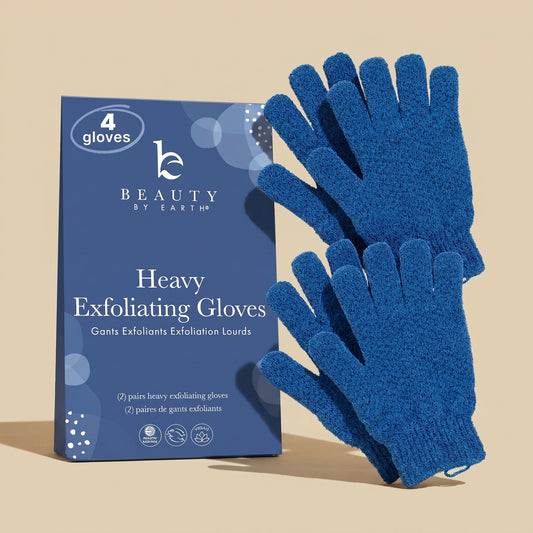 Blue exfoliating gloves with packaging on a beige background