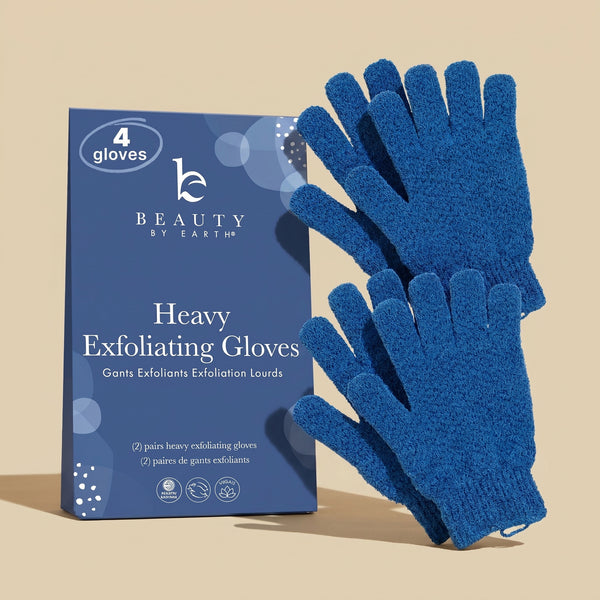 Blue exfoliating gloves with packaging on a beige background