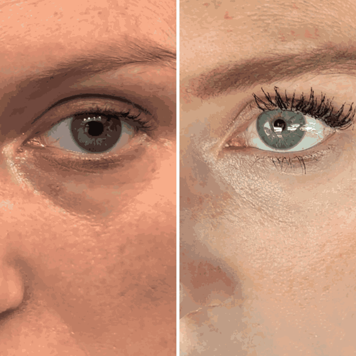 Before and after comparison of a person's eye with makeup application.