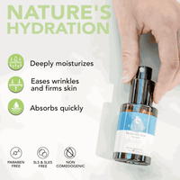 Hand holding a skincare serum bottle with product features listed on a light background