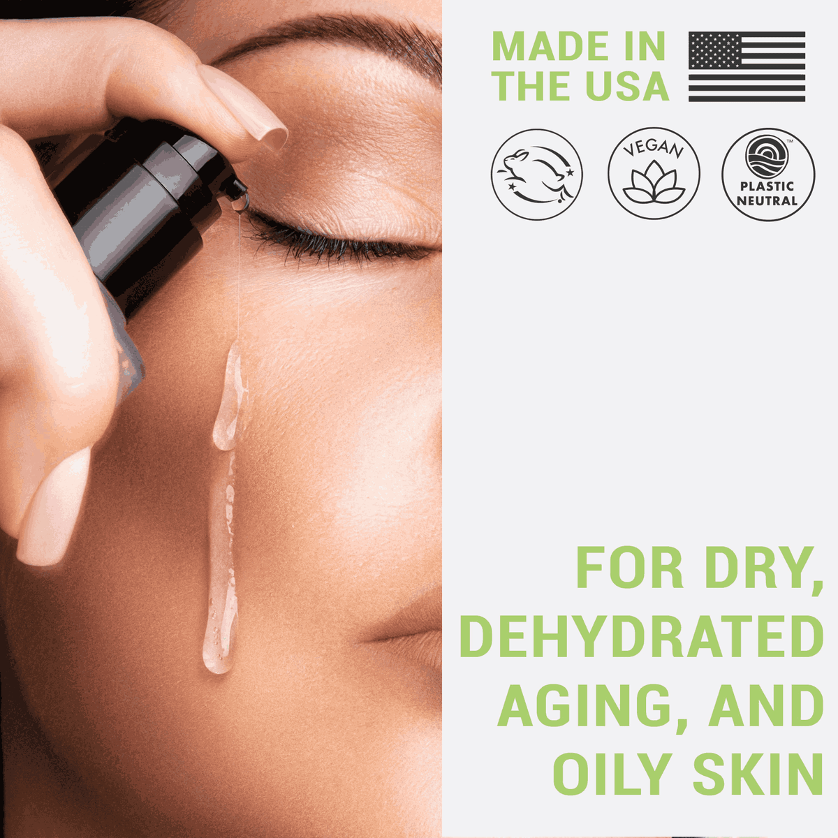 Person applying skincare product with text about product features and skin types.