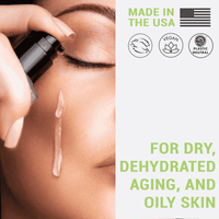 Person applying skincare product with text about product features and skin types.
