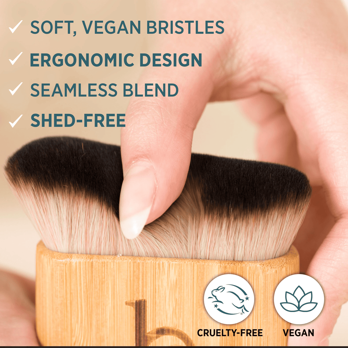 Wooden makeup brush with soft, vegan bristles held by a hand, featuring text and icons about product features.