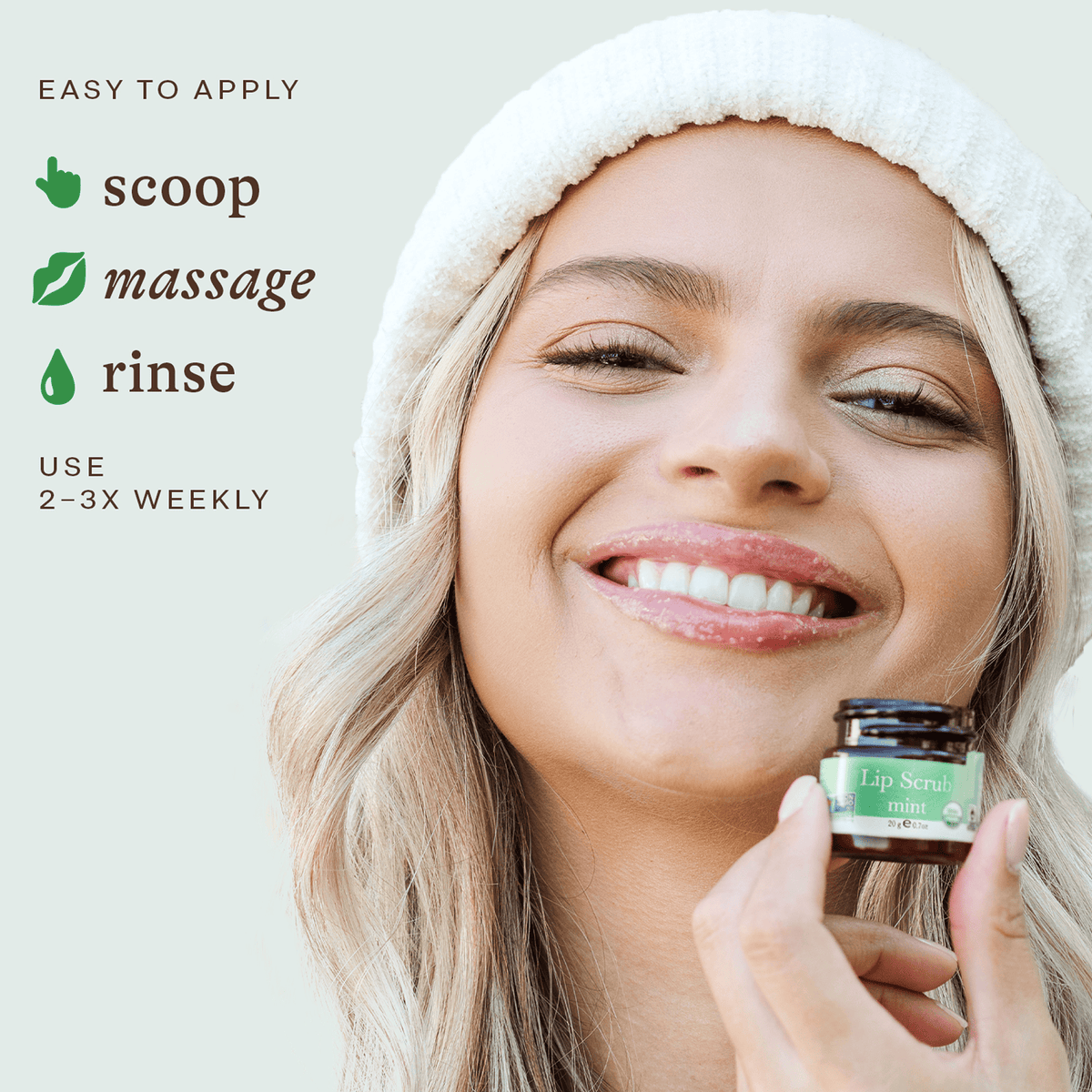 Woman applying lip balm with text on how to use it