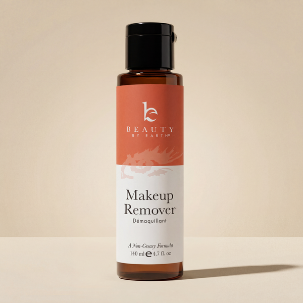 Makeup remover bottle with a beige background