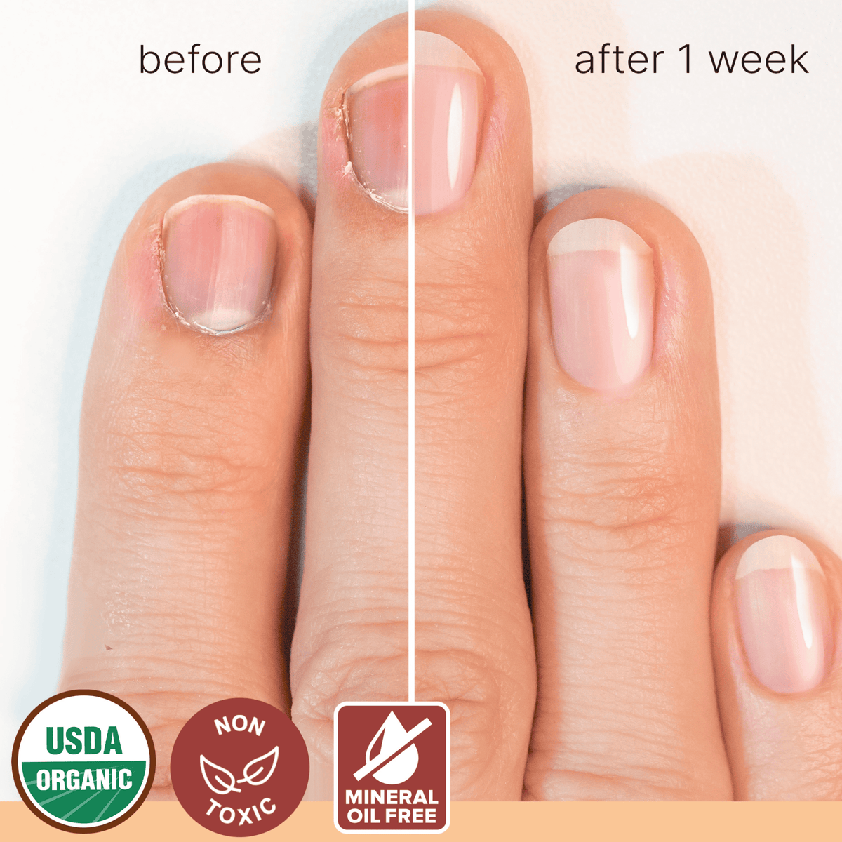 Before and after comparison of nails with organic, non-toxic, and mineral oil-free labels.