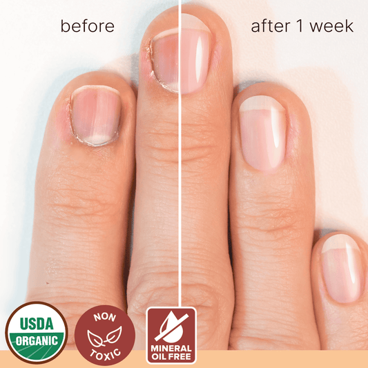 Before and after comparison of nails with organic, non-toxic, and mineral oil-free labels.