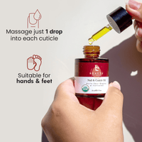 Bottle of nail and cuticle oil with dropper, suitable for hands and feet, on a neutral background.