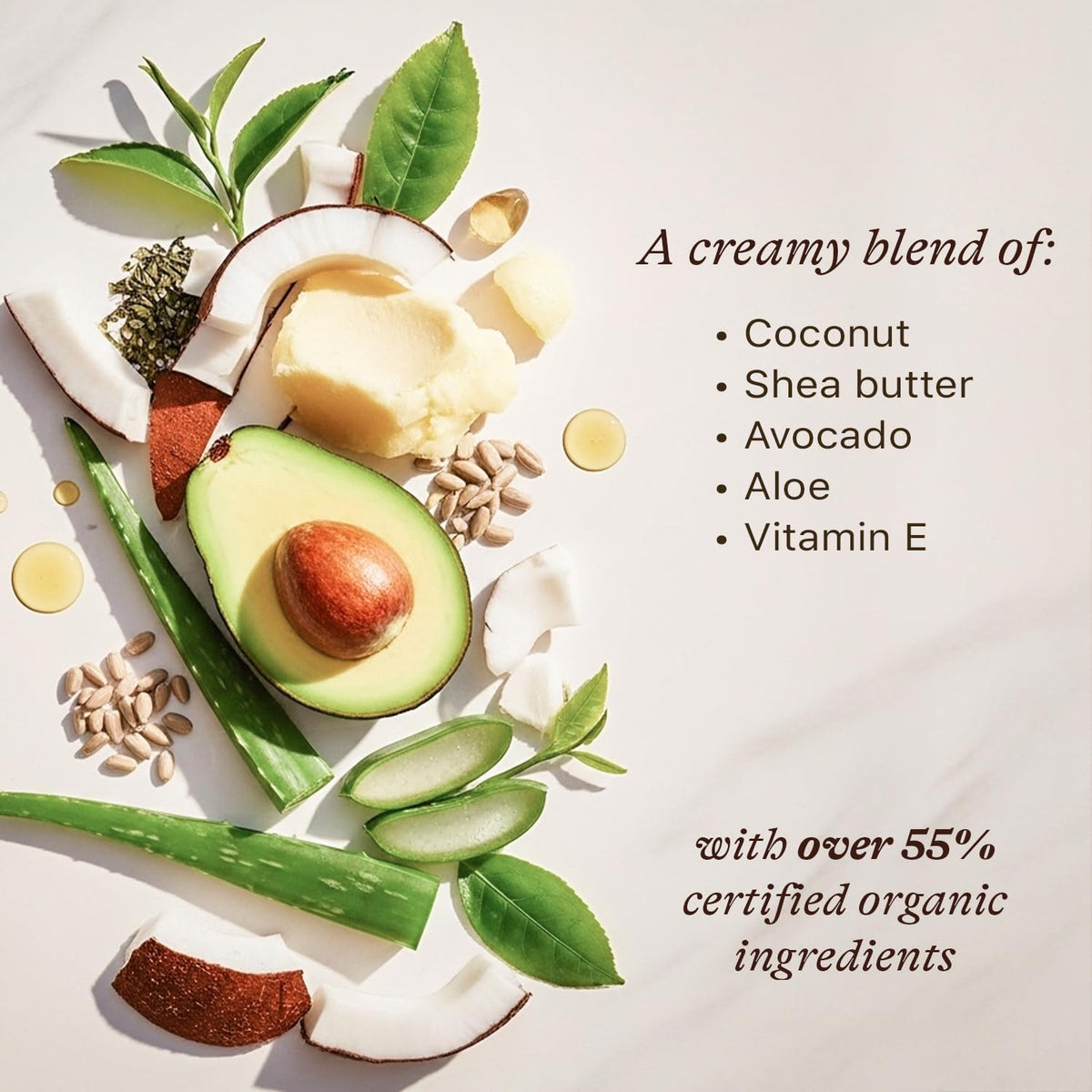 Ingredients including avocado, coconut, shea butter, aloe vera, and vitamin E on a light background.