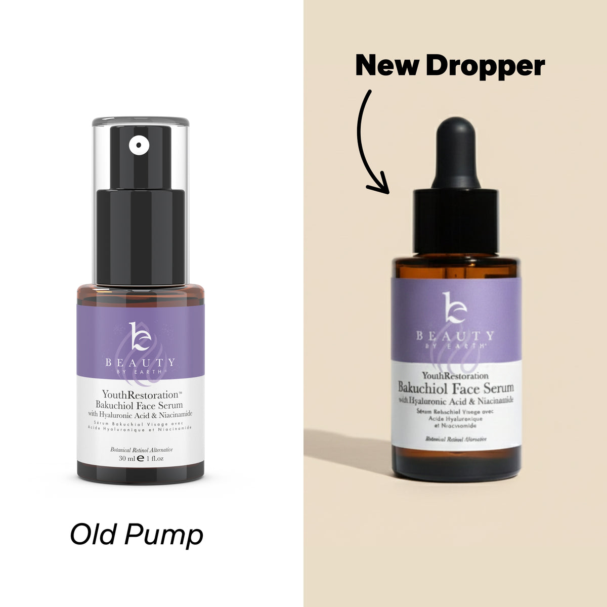 Two bottles of 'Beauty by Earth Youth Restoration Bakuchiol Face Serum , one with an old pump and the other with a new dropper, on a beige background.
