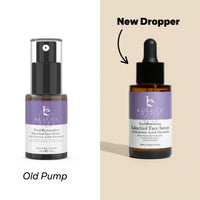 Two bottles of 'Beauty by Earth Youth Restoration Bakuchiol Face Serum , one with an old pump and the other with a new dropper, on a beige background.