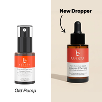 Two bottles of Beauty by Earth Vitamin C serum, one with an old pump and the other with a new dropper, on a beige background.
