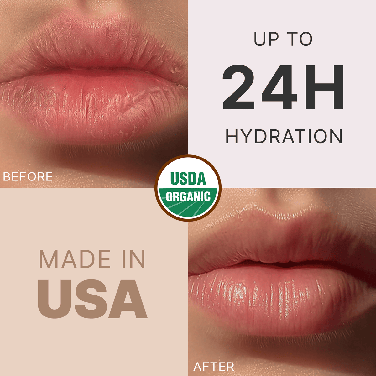 Before and after comparison of lips with hydration benefits and USDA Organic label.