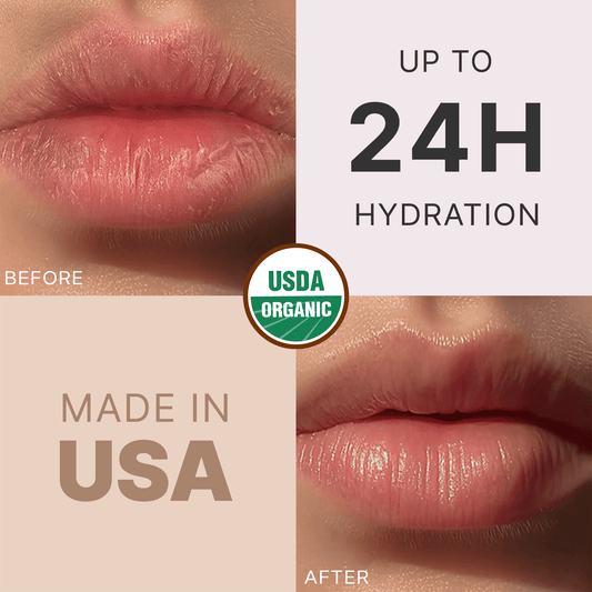 Before and after comparison of lips with hydration benefits and USDA Organic label.