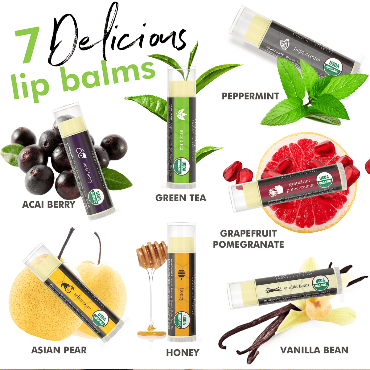 Various lip balms with their flavors and ingredients displayed on a white background.