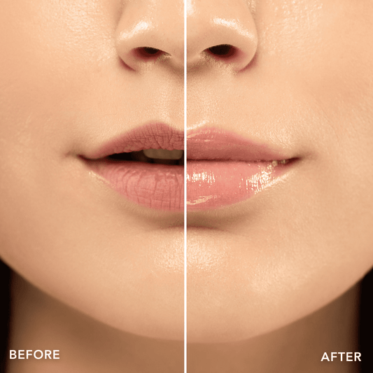 Before and after comparison of lips with a cosmetic product application.