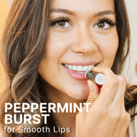 Woman applying lip balm with text 'Peppermint Burst for Smooth Lips' on a neutral background