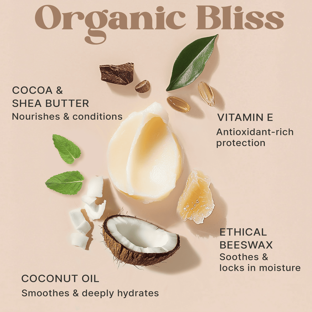 Product ingredients with text on a beige background