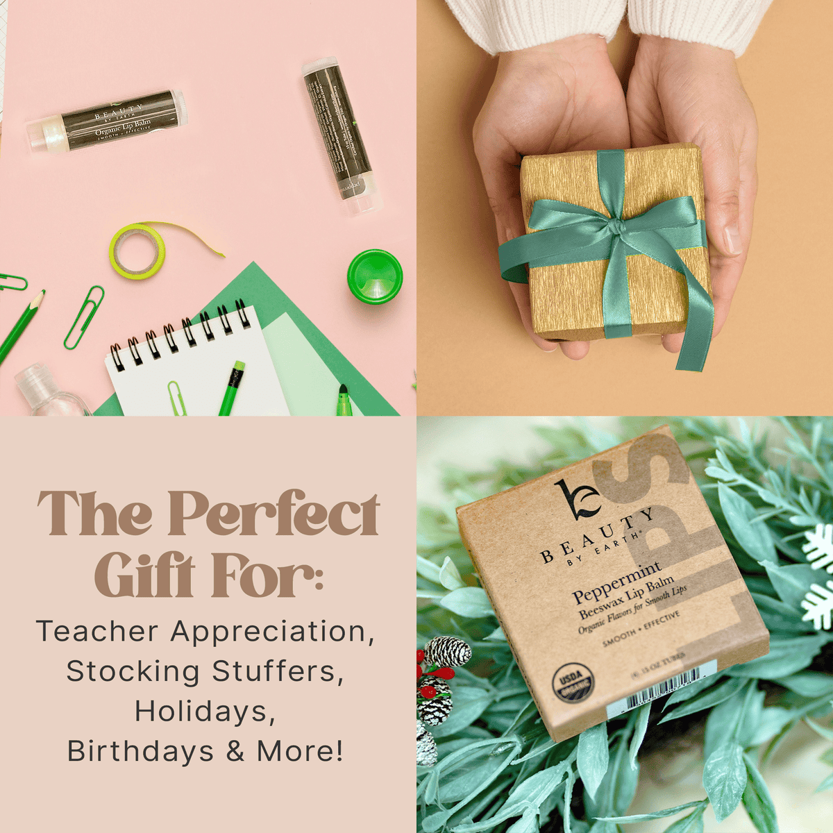Collage of gift items including lip balm, notebook, and gift box with text about gift options.