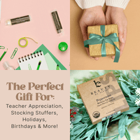 Collage of gift items including lip balm, notebook, and gift box with text about gift options.