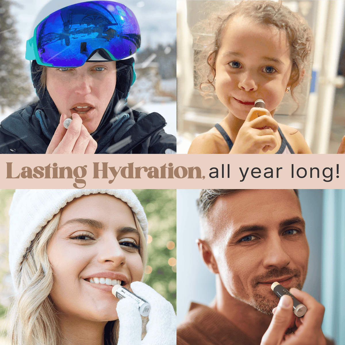 Collage of people using a product with text 'Lasting Hydration all year long!'