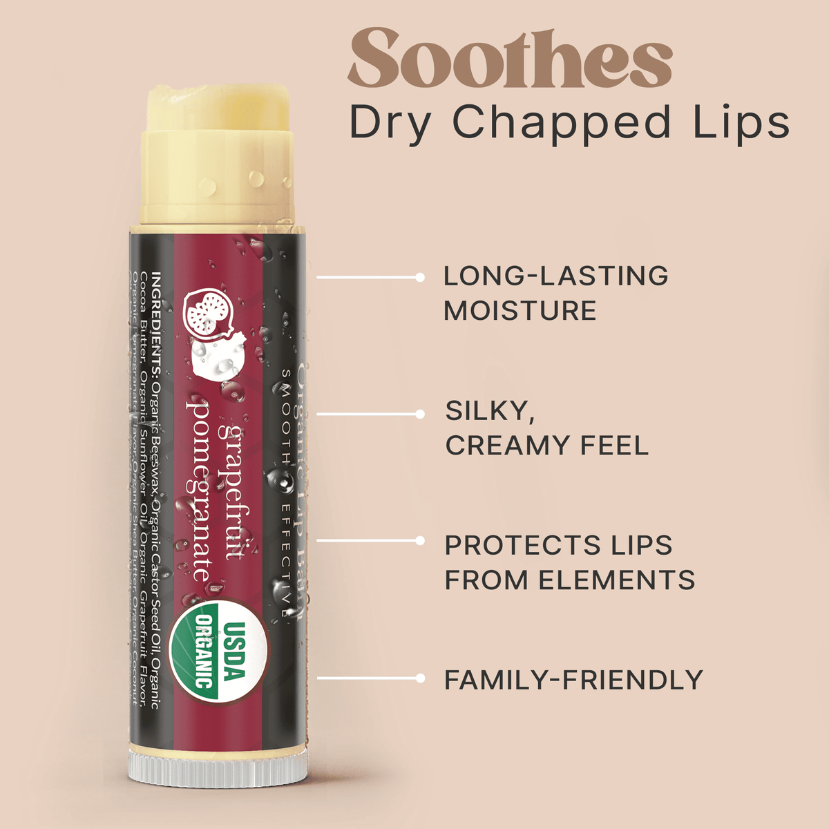 Lip balm with text highlighting its benefits on a beige background