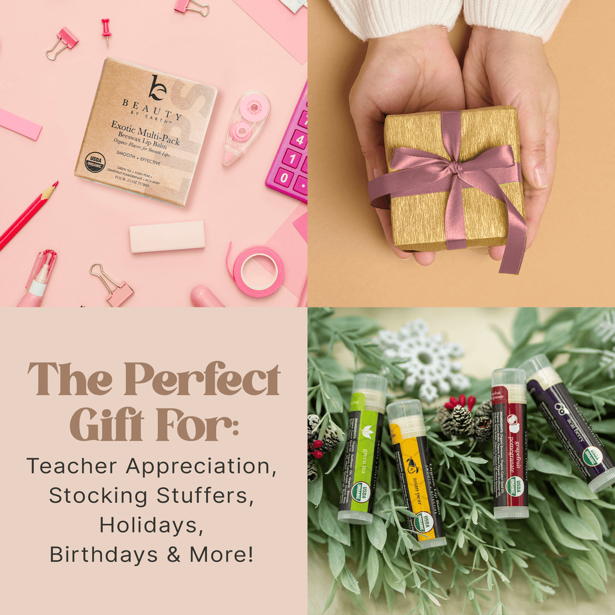 Collage of gift items with text 'The Perfect Gift For' on a pink background.
