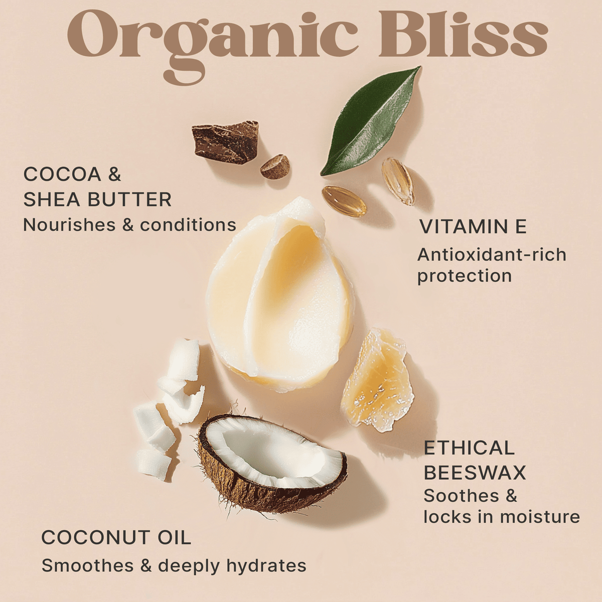 Ingredients of Organic Bliss with coconut, cocoa, shea butter, and vitamin E on a beige background.