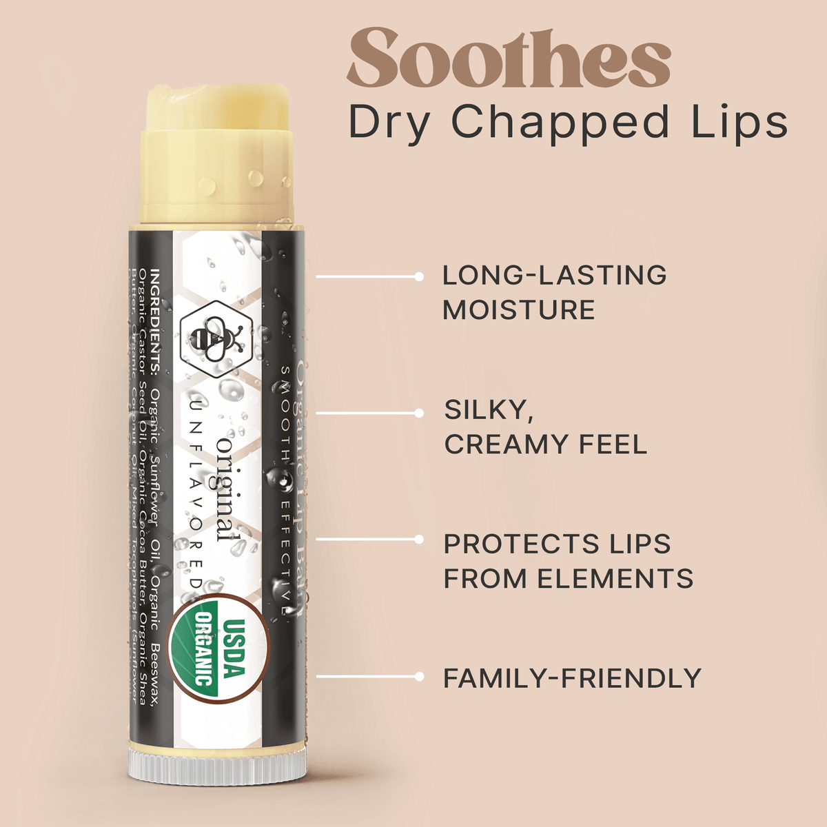 Lip balm with text highlighting its benefits on a beige background