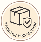 Logo of package protection with a box and checkmark on a beige background