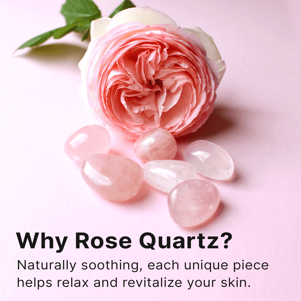 Pink rose and rose quartz stones on a pink background with text about rose quartz.