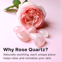 Pink rose and rose quartz stones on a pink background with text about rose quartz.
