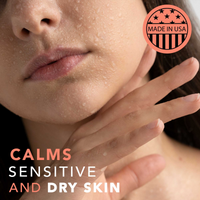Close-up of a person's face with dry skin, hand touching skin, and 'Made in USA' logo.