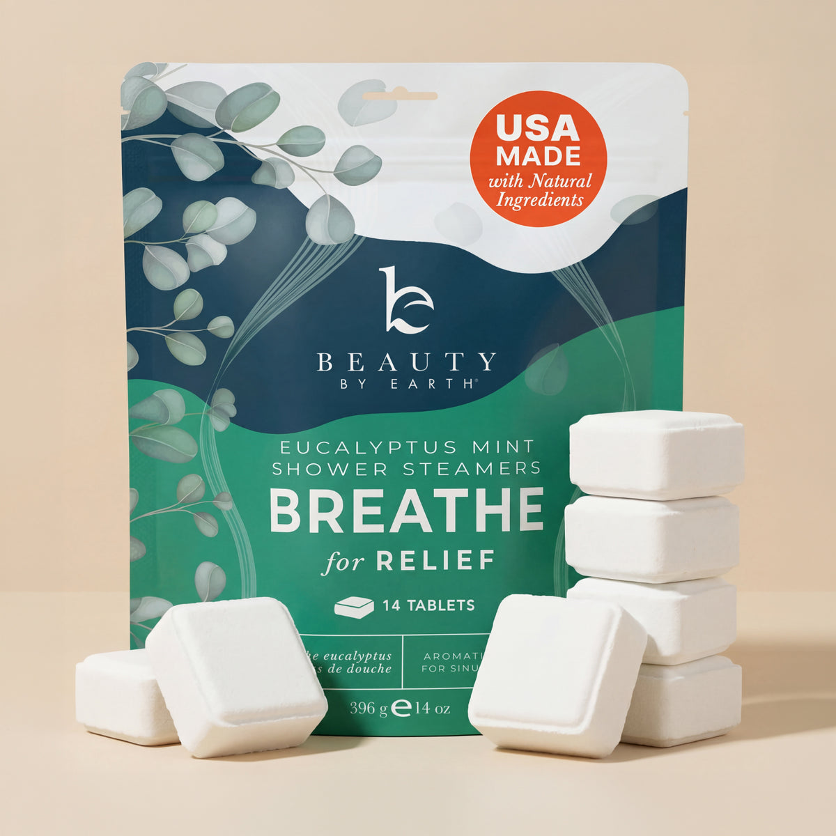 Beauty by Earth Eucalyptus Mint Shower Steamers packaging with tablets on a beige background