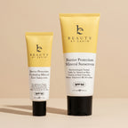 Two tubes of 'Beauty by Earth' sunscreen on a beige background