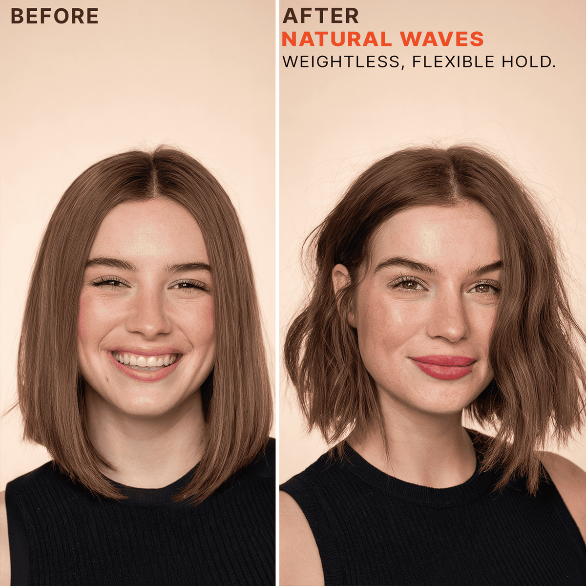 Sea Salt Spray Hair Texturizer before and after, showing textured beach waves on treated hair
