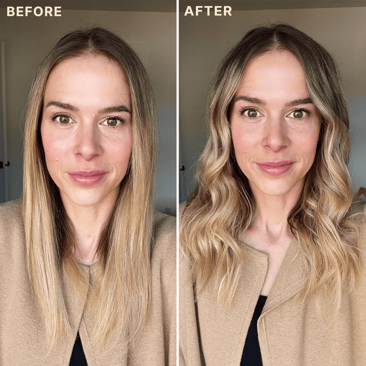 Sea Salt Spray Hair Texturizer effect on women's hair, achieving natural beach waves, before and after style