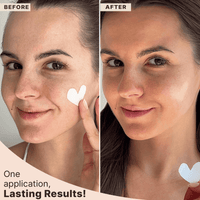 Before and after comparison of a woman applying a Beauty by Earth self tanning facial serum product to her face. One application, lasting results!
